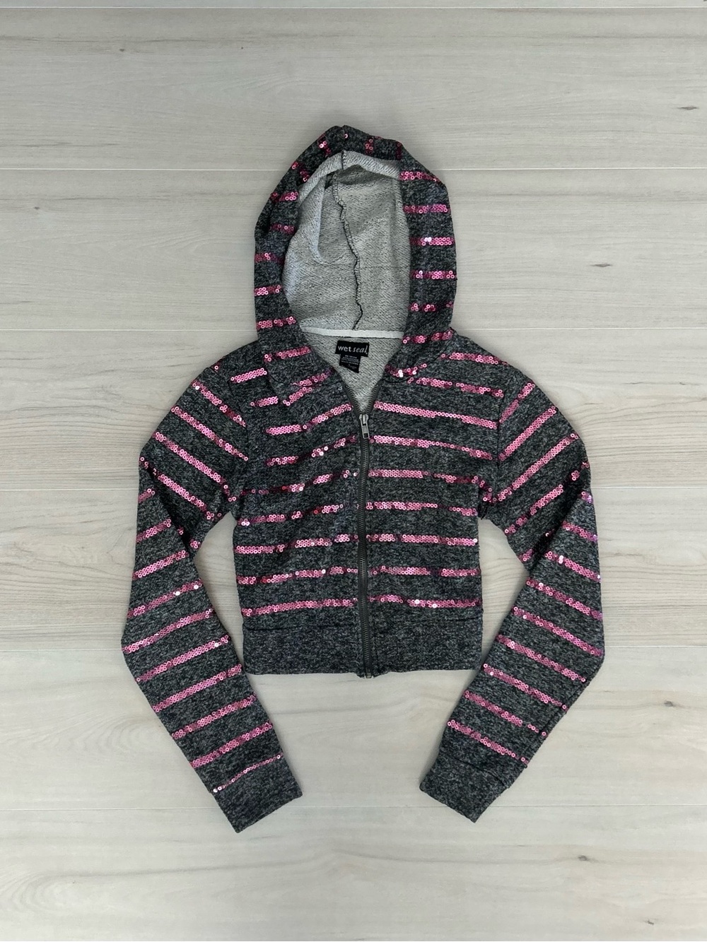 gray and pink wet seal striped sequin cropped zip up